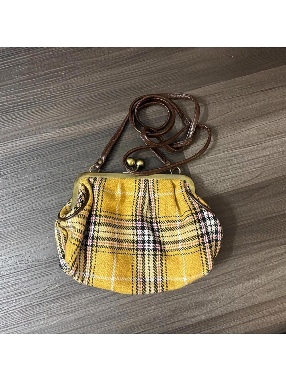 Vintage Small Yellow Plaid Purse Crossbody Bag Kiss Lock Hardware